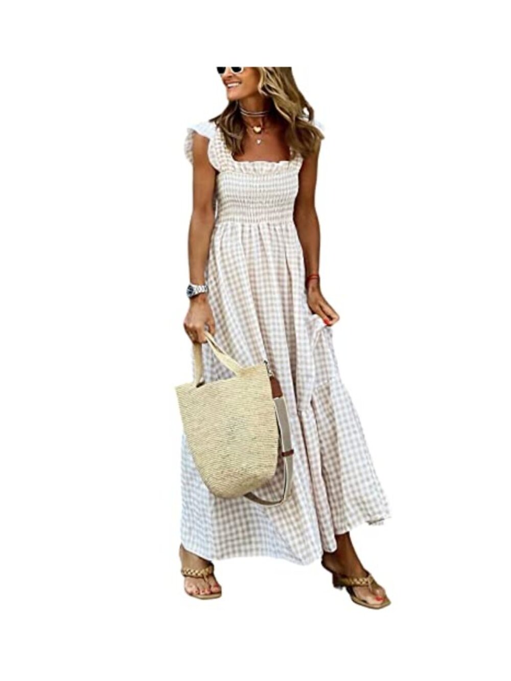 Women's Retro Plaid Smocked Dress Spaghetti Strap Flounce Cotton Long Dress